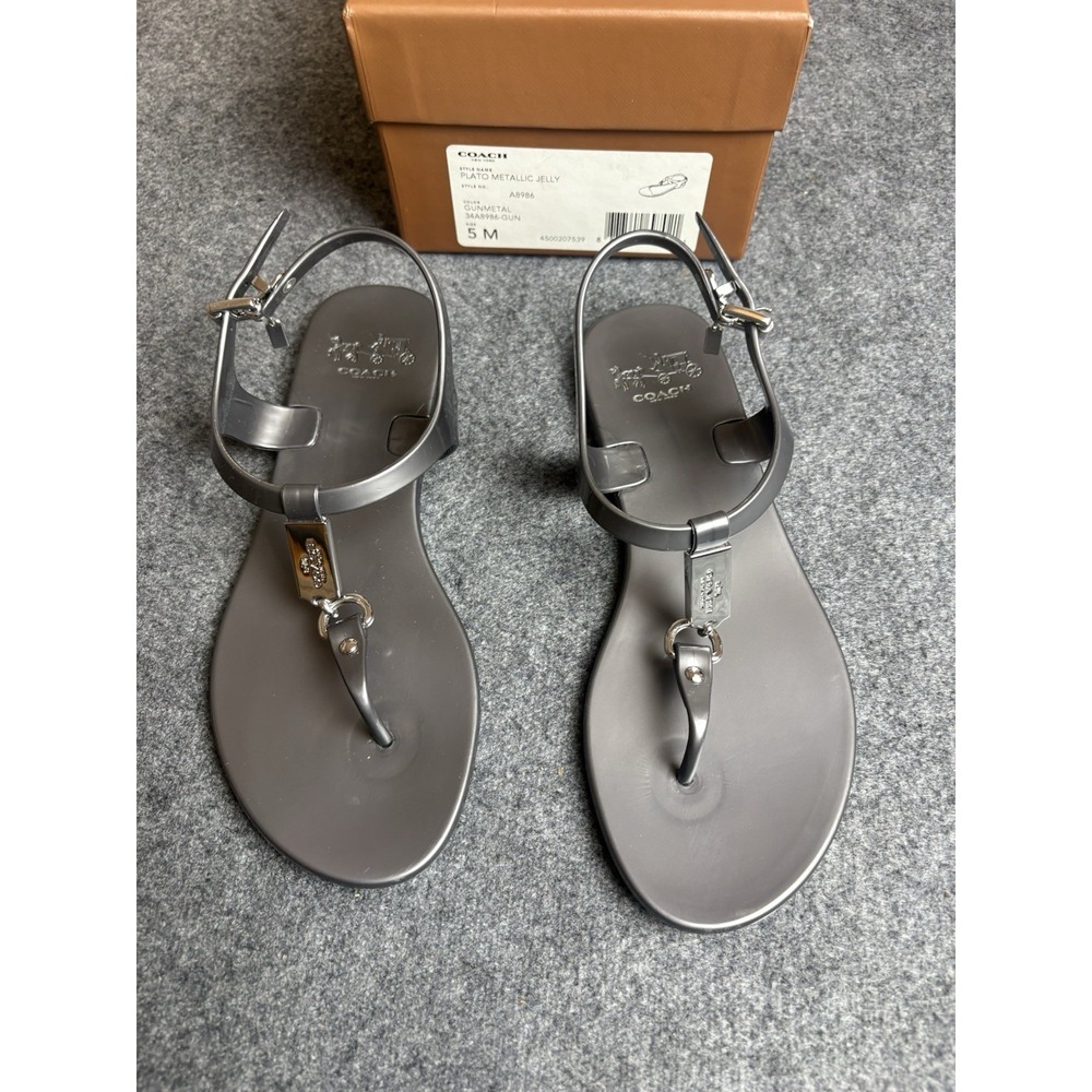 Coach Plato Metallic Jelly Sandals Gunmetal Thong Ankle Strap Size 5M   S1 - Picture 5 of 6